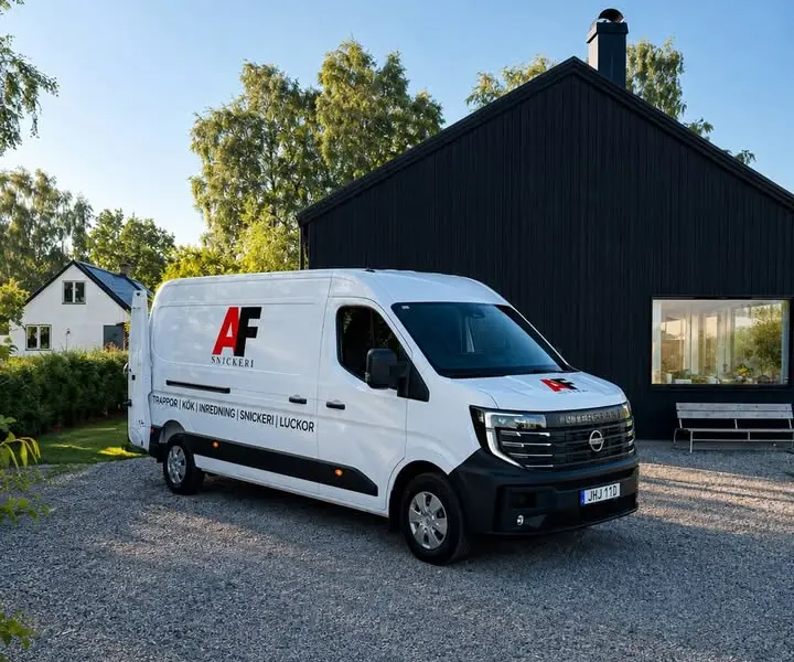 AF Snickeris firmabil framför företagets snickeri i Malmö